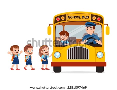 little kids boy and girl ride school bus and go to school