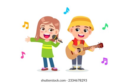 Little kids boy and girl sing and play guitar together