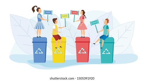 Little Kids Boys and Girls Standing and Sitting on Colorful Litter Bins with recycling Signs Holding Banners with Inscription Paper, Glass, Organic, Plastic. Garbage Recycling Vector Illustration