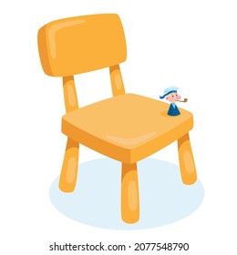 Little kids chair with a toy sailor on it. Children furniture. In cartoon style. Isolated on white background. Vector flat illustration.