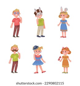 Little Kids Character with Mask on Pole and Hairband as Party Birthday Photo Booth Prop Vector Set