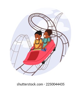 Little Kids Characters Riding Roller Coaster, Extreme Recreation in Amusement Park, Fun Fair Carnival Weekend Activity, Children Leisure, Summer Vacation Relax. Cartoon People Vector Illustration