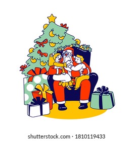 Little Kids Characters Sitting on Santa Knees Whispering in his Ear Talking how they Behaved during the Year, Telling Secrets, Revealing Gift they Would Like to Get. Linear People Vector Illustration