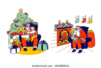 Little Kids Characters Sitting on Santa Knees Whispering in his Ear Telling Secrets, Revealing Gift they Would Like to Get, Talking how they Behaved during the Year. Linear People Vector Illustration
