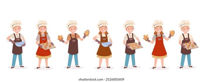 Niños pequeños en sombreros de chef y delantales de cocina para hornear pastel, magdalenas, galletas, batir la masa en un tazón, Navidades de pan de jengibre. Ilustración vectorial de niños y niñas con utensilios de cocina en la cocina.