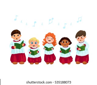 Little kids in church costumes going Christmas caroling flat vector illustration