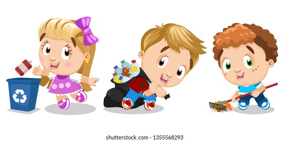 Little kids clean place. Girl and boys collect bottles and other rubbish into garbage bag, throw empty can into blue container, remove leaves with rake. Cartoon stock vector set isolated on white.