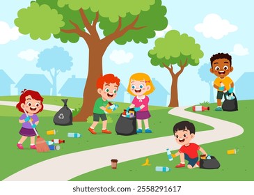 little kids cleaning park with friends