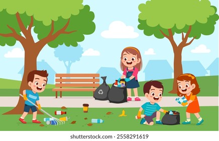 little kids cleaning park with friends