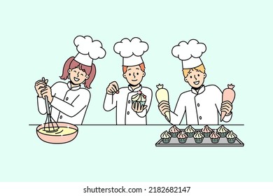 Little kids cooks have fun baking together. Smiling small children in uniforms cooking preparing desserts at kitchen. Workshop or future profession. Vector illustration. 