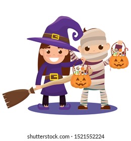 little kids with costumes characters vector illustration design