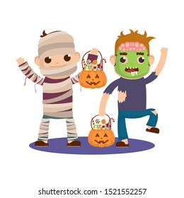 little kids with costumes characters vector illustration design