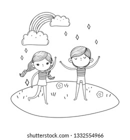 little kids couple in the garden with rainbow