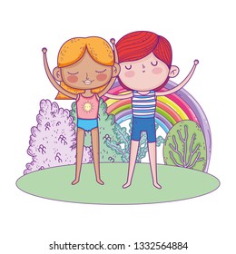 little kids couple in the garden with rainbow