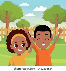 Little kids couple having fun and smiling cartoons in the garden scenery background ,vector illustration graphic design.