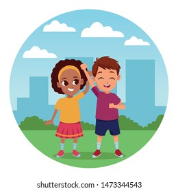 Little kids couple having fun and smiling cartoons at city park round icon scenery vector illustration graphic design