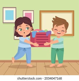 little kids couple lifting basket characters
