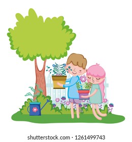 little kids couple lifting houseplant with fence in the garden