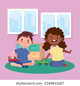 little kids couple playing with cars