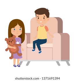 little kids couple sitting in sofa with bear teddy