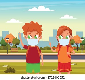 little kids couple using face masks for covid19 in the park vector illustration design
