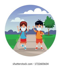 little kids couple using face masks for covid19 in the park vector illustration design