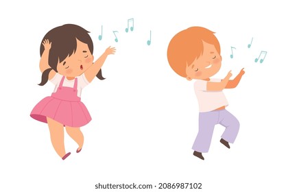 Little Kids Dancing to Music Rhythm and Singing Vector Set