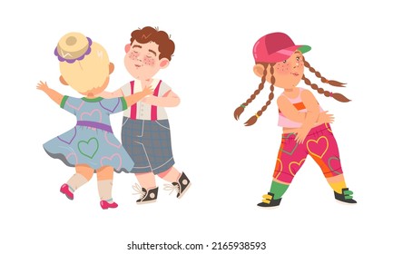 Little kids dancing set. Cute boy and girl dancing classical and modern dance cartoon vector illustration