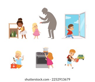 Little Kids in Dangerous Situations Playing with Fire, Near Open Window, Ball on the Road, Medicines, Toxic Liquid and Talking to Stranger Vector Set