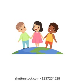 Little kids of different nationalities standing and holding hands on the earth globe vector Illustration on a white background