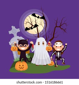little kids with disguise characters vector illustration design