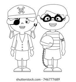 little kids disguised as a pirate and prisoner