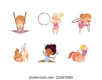 Little Kids Doing Artistic Gymnastics With Still Rings And Hula Hoop Vector Set