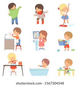 Little Kids Doing Things on Their Own Vector Illustrations Set