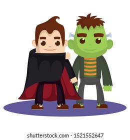 little kids with dracula and frankenstein costumes characters vector illustration design