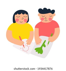 Little kids drawing together. Vector hand drawn illustration on white background.