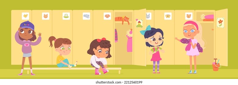 Little Kids Dress Up In School Or Kindergarten Locker Room Interior Vector Illustration. Cartoon Cute Girls Wear Clothing And Shoes In Aisle Near Open Door Of Wardrobe, Sit On Bench Background.