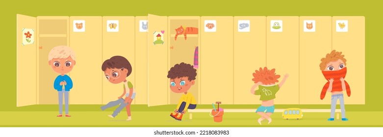 Little Kids Dress Up In School Or Kindergarten Locker Room Interior Vector Illustration. Cartoon Cute Boys Wear Clothing And Shoes In Aisle Near Open Door Of Wardrobe, Sit On Bench Background