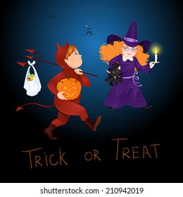 Little Kids dressed up and ready for Halloween Party. Greeting Card. Vector illustration.