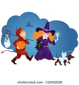 Little Kids dressed up and ready for Halloween Party. Vector illustration.