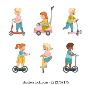 Little Kids Driving Electric Car, Hoverboard and Riding Scooter Enjoying Outdoor Activity Vector Set