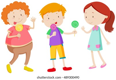 Little kids eating lollipops illustration