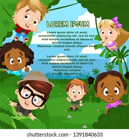 Little kids emerge from behind big green plants. Boy and girl scouts walking in forest, jungle. Young naturalist, biologist, discoverer. Cartoon vector illustration. Place for text.