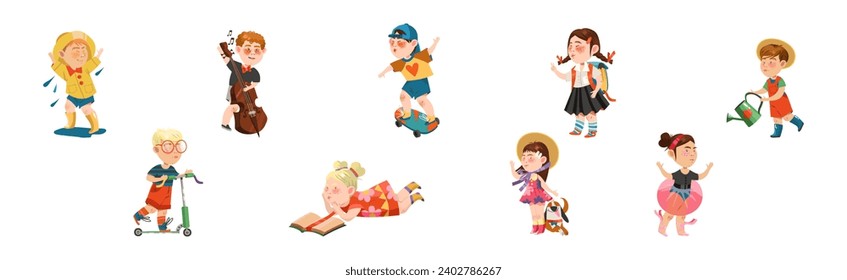 Little Kids Engaged in Different Recreation Activity Vector Set
