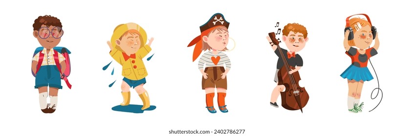 Little Kids Engaged in Different Recreation Activity Vector Set