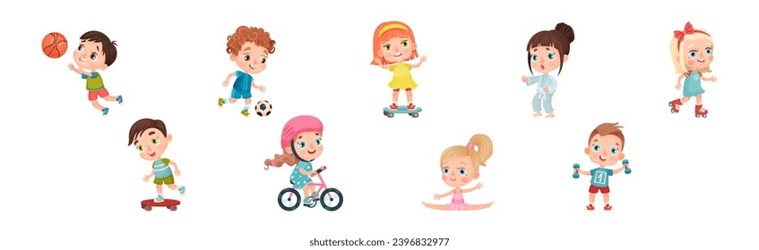 Little Kids Engaged in Sport and Physical Activity Vector Set