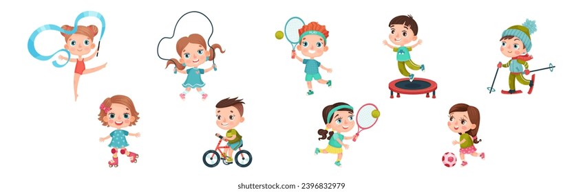 Little Kids Engaged in Sport and Physical Activity Vector Set