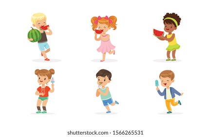 Little Kids Enjoying Eating Watermelon and Ice-cream Vector Set