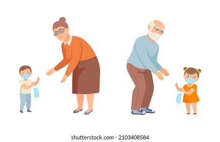 Little Kids In Face Mask Sharing Protective Masks With Grandpa And Grandma Vector Illustration