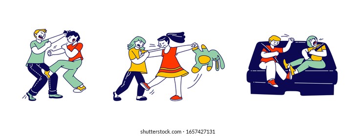 Little Kids Fighting and Quarreling at Playing Room, Classmates, Siblings or Friends Shouting and Hitting Each Other, Conflict Situation, Hyperactive Child, Cartoon Flat Vector Illustration Linear